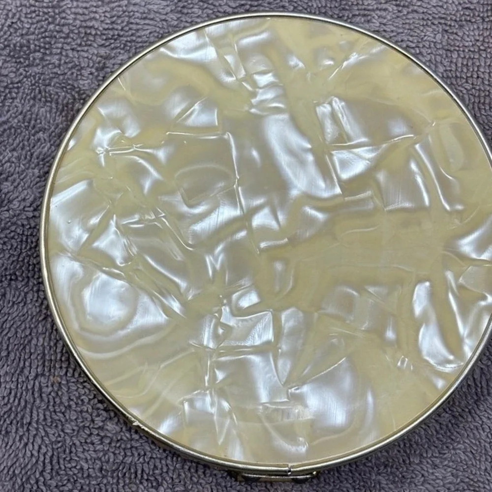 Vintage Japan Folding Vanity Mirror Gold Tone Faux Mother of Pearl Travel Stand